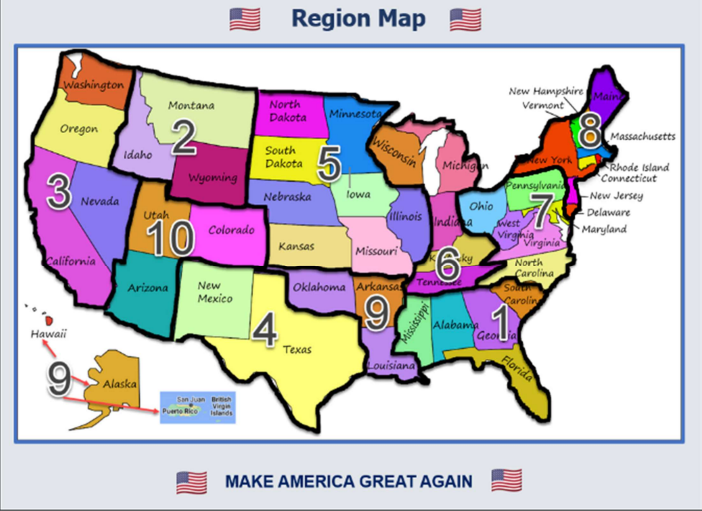 Map of United States separated by regions set by Patriots United.