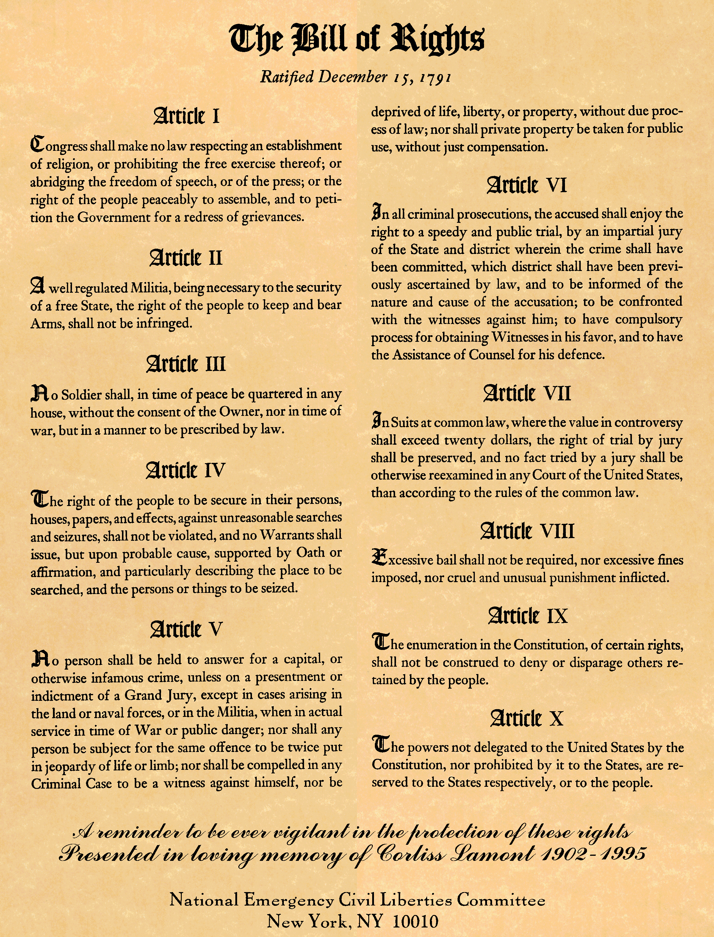 Photo of ratified Bill of Rights from 1791