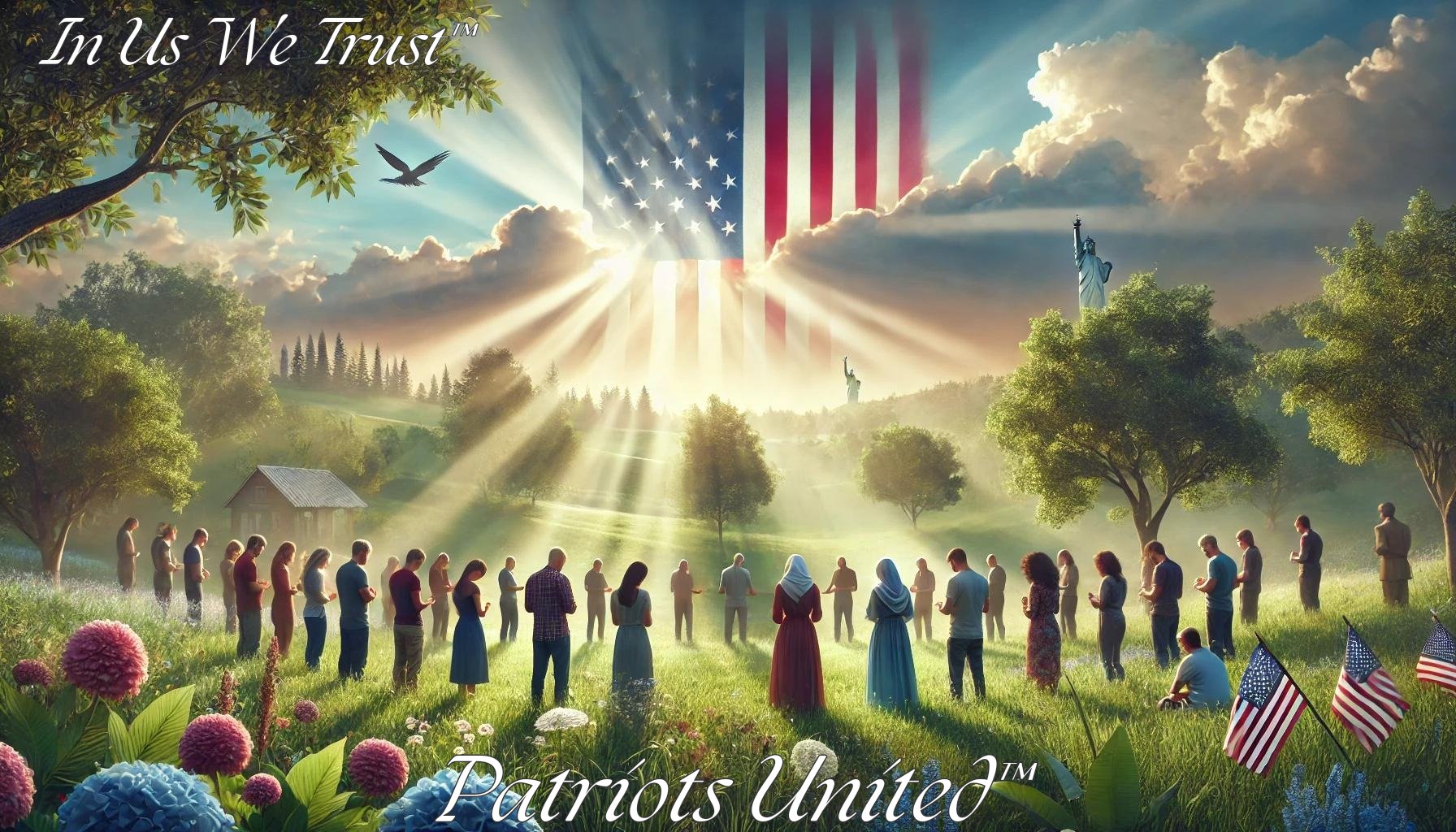 Patriots United™ image of people gathered in a half circle on a hil with trees looking down to a sun with rays coming from an american flag